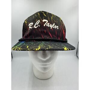 Vtg 90s Nylon Hat Black Neon Color Streaks Rope Trucker Cap RC Taylor